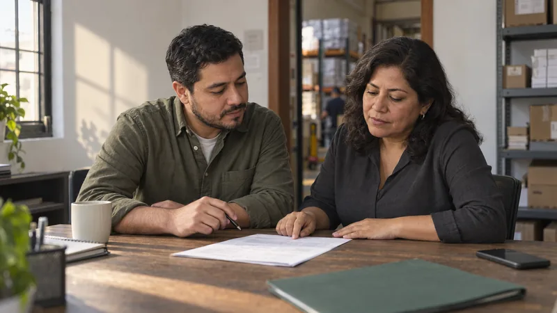 Dos personas revisan un documento sobre una mesa de trabajo, con un teléfono a un lado.