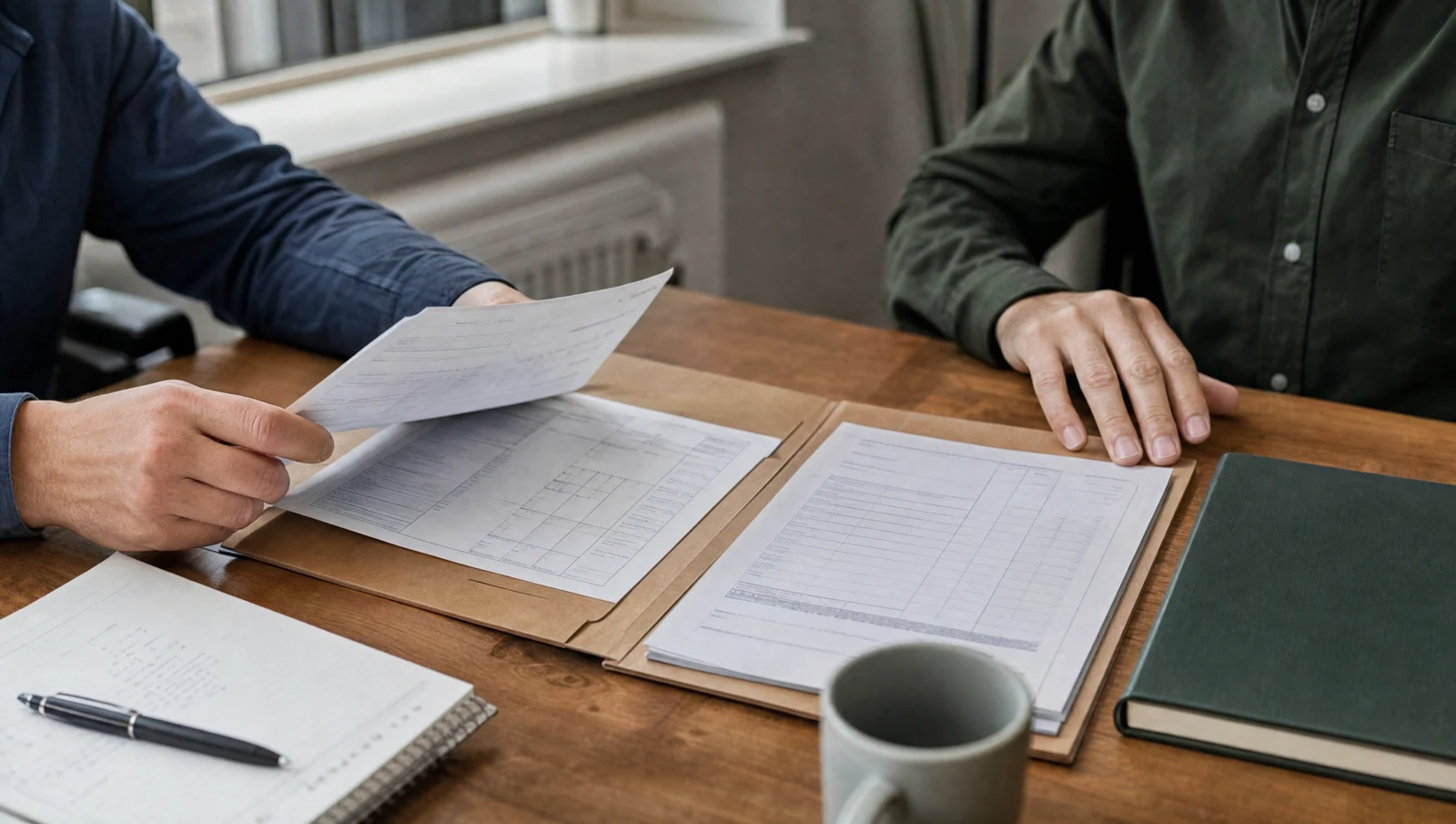 Manos de dos personas comparan soportes de entrega sobre una carpeta de trabajo.