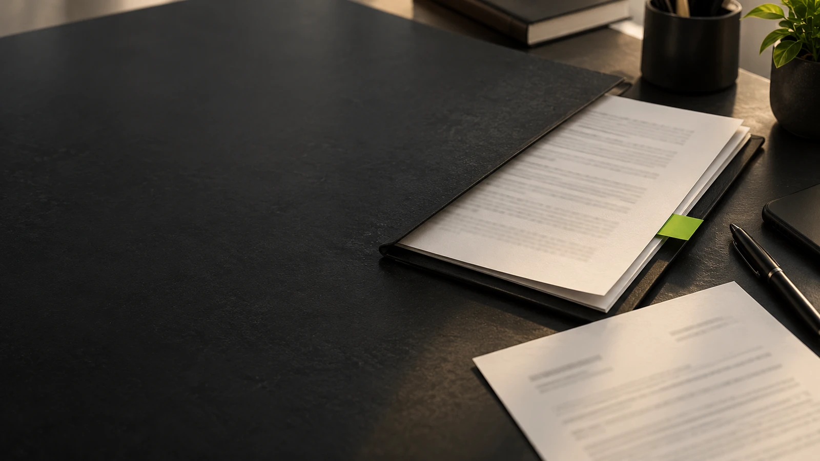Contrato y aviso sobre un escritorio oscuro; una pestaña verde destaca una condición que requiere revisión.