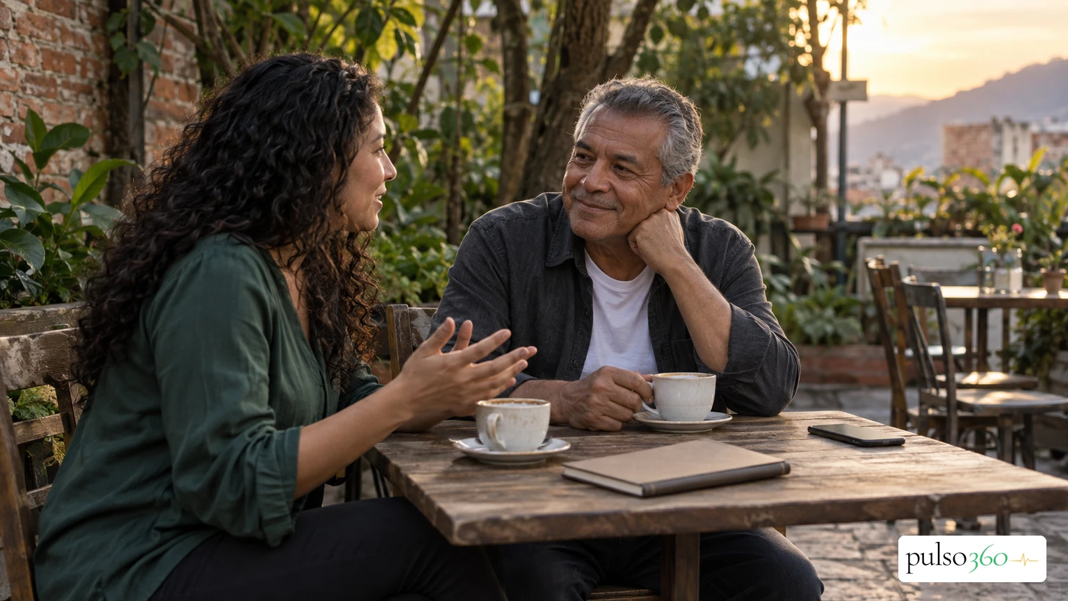 Un hombre escucha con atención a una mujer en un café, con el teléfono apartado sobre la mesa.